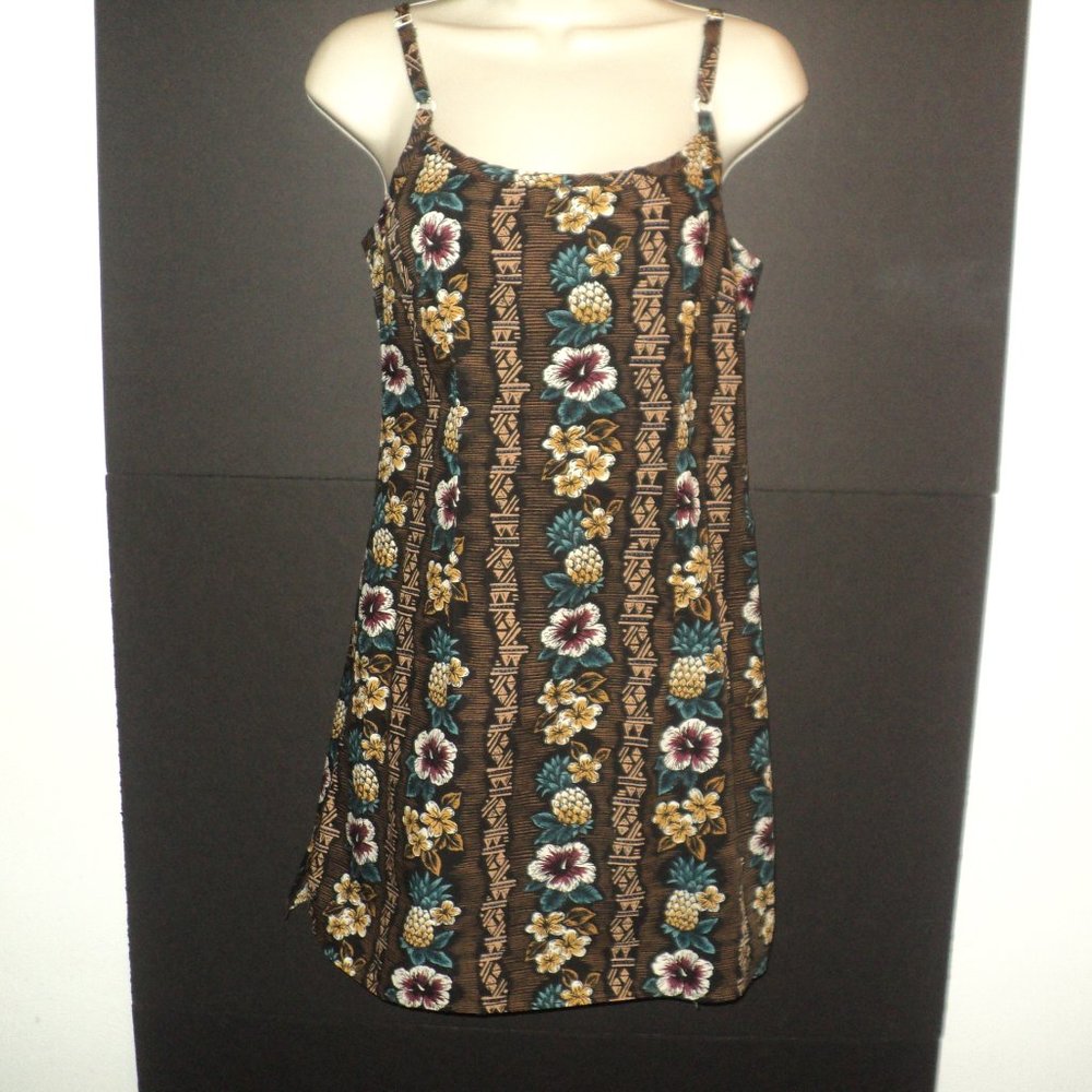 Hilo Hattie Brown Floral Mini Dress with Teal and Cream Accents
